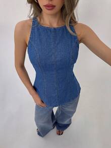 Aloruh Áo thun denim cổ tròn đa năng dành cho nữ, thích hợp mặc hàng ngày. - Màu xanh lam - Xem 7