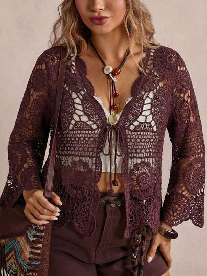 Freevana Áo khoác cardigan dệt kim khoét lỗ cỡ lớn, thích hợp cho kỳ nghỉ.
