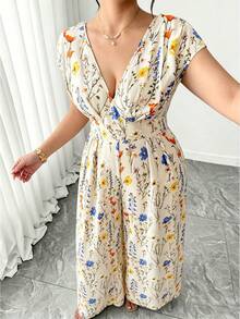 SHEIN PETITE CURVE Bộ jumpsuit in họa tiết cổ chữ V, phong cách mùa hè, giản dị, thoải mái, kiểu Pháp cổ điển, thanh lịch, thích hợp đi làm. - Màu be - Xem 4