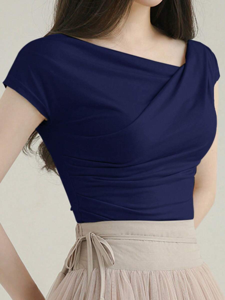 DAZY Women's Summer Solid Color Asymmetrical Collar Slim Short Sleeve T-Shirt - Navy Blue - View 1