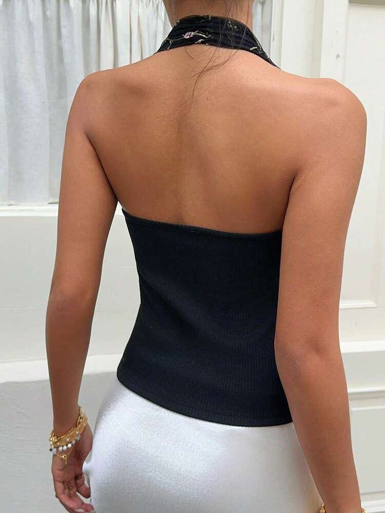 Women's Embroidered Mesh Patchwork Backless Halter Vest