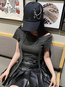 FRIFUL 女士夏季条纹露肩短袖吊带T恤 - 黑色 - 查看 4