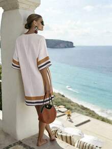 SHEIN Holidaya Women's Casual Vacation V-Neck Colorful Black Striped Short Sleeve Apricot Striped Pattern Crinkled Woven Fabric Midi Dress, Vacation Dress, Striped Dress, Casual Dress, Women's Holiday Dress, Beach Dress, Summer Island Dress, Elegant Dress, Summer Outfit Long Dress, Summer Outfit Striped Dress, Beach Dress - Ginger - View 2