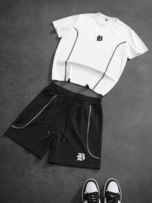 PAVTROS Men's Letter Print Round Neck Short Sleeve T-Shirt And Drawstring Waist Shorts Casual Set - Multicolor - View 1