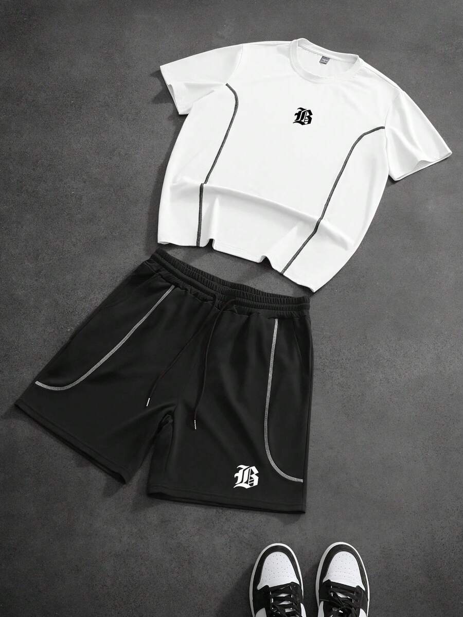 PAVTROS Men's Letter Print Round Neck Short Sleeve T-Shirt And Drawstring Waist Shorts Casual Set - Multicolor - View 1