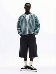SUMWON Vintage Inspired Oversized Plaid Check Button Down Shirt Script Logo Embroidery Raw Hem Detail - Blue - View 6
