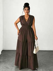 Maweii Bộ jumpsuit nữ cỡ lớn thanh lịch, chất liệu giả denim, thiết kế xếp ly chéo eo có dây rút, nơ sau lưng, viền bèo nhiều lớp, kiểu dáng đa năng, phù hợp cho tiệc tùng, hẹn hò, những dịp lãng mạn, dạo phố thời trang, kỳ nghỉ, bãi biển, lễ hội âm nhạc, phong cách thời trang. - màu nâu - Xem 5