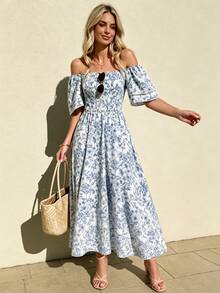 Selianne Vintage Blue Floral Print Off The Shoulder Midi Dress,Puff Short Sleeve Elastic High Waist Flowy A Line Swing Dress Women Summer Beach Vacation Outfit - Baby Blue - View 7