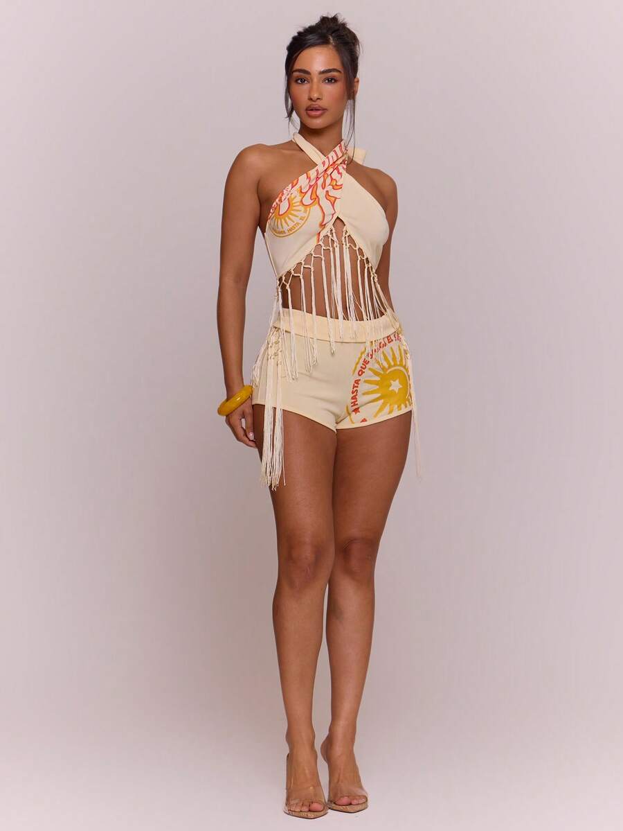 MUSERA Graphic Fringe Detail Crossover Top Co Ord Top Only Spring Summer Vacation Holiday Ibiza Boho Elegant Casual Carnival Festival - Light Yellow - View 1