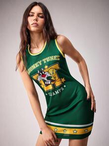 LOONEY TUNES X SHEIN Đầm ngắn không tay nữ mùa hè kiểu dáng thể thao thường ngày, viền tương phản, in chữ và hoạt hình. - màu xanh lá - Xem 4