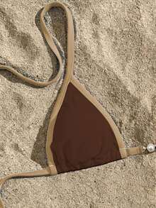 Swim Vcay Ladies' Solid Color Halter Neck Bikini Set For Beach Vacation, Triangle Cup Summer - Brown - View 4