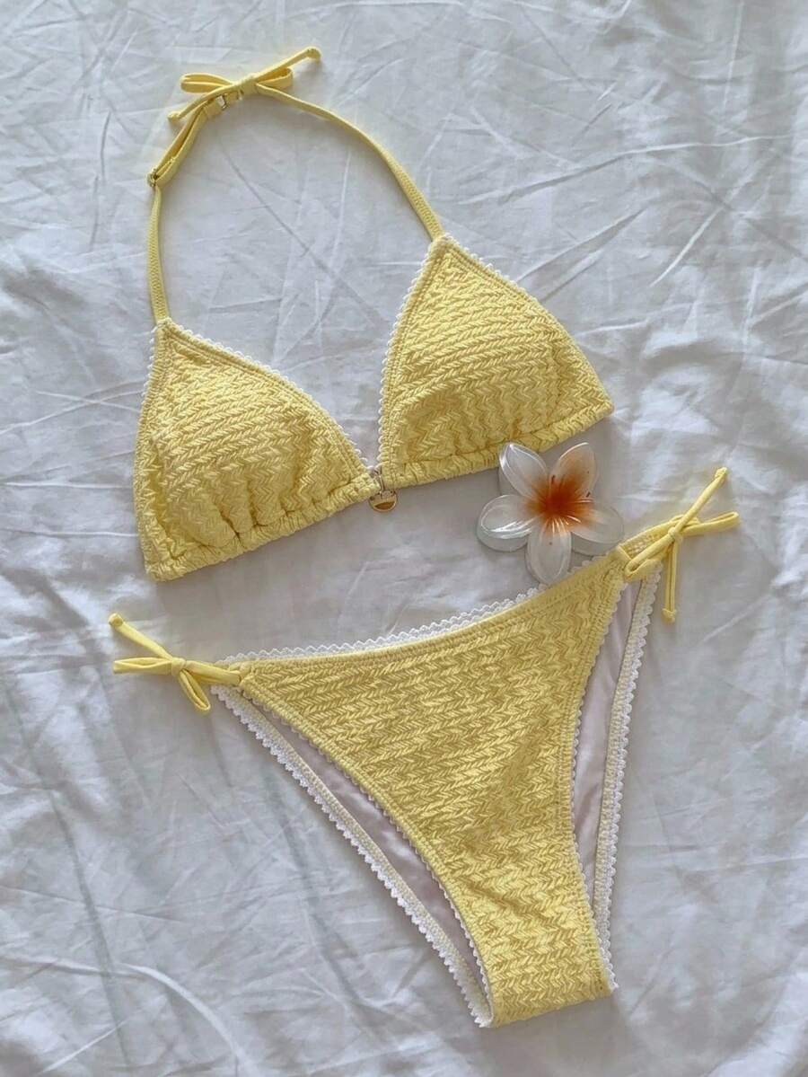 SHEIN Teen Girl Solid Color Halter Neck Swimsuit Set For Beach Vacation - Yellow - View 1