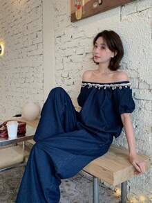 DAZY Conjunto de dos piezas de camisa casual lavada estilo coreano y jeans de corte holgado para vacaciones de mujer - Azul - Ver 5