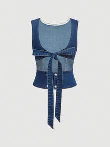 Sweetra Women's Denim Suit, Vintage Streetwear Y2k Navy Blue Washed Denim Set, Slim Fit Casual Daily Summer Holiday Versatile Outfit Going Out - Medium Wash - View 8