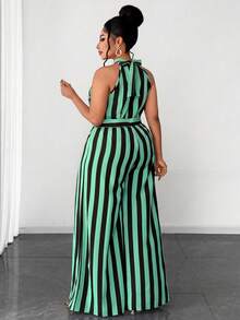 Maweii Plus Size Women's Woven Striped Slit Sexy Jumpsuit - Green - View 6