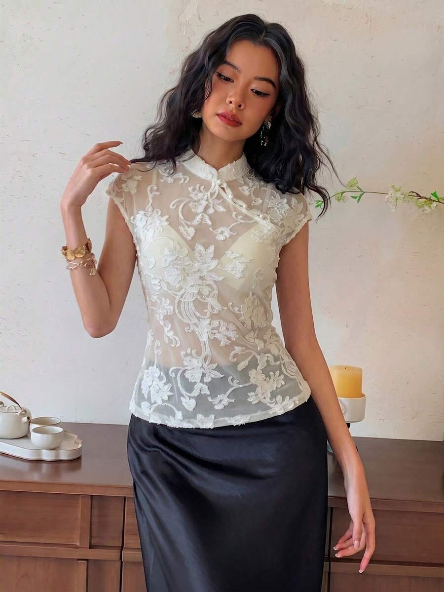 EastFlair 女士优雅薄纱花卉图案旗袍领衬衫，夏季