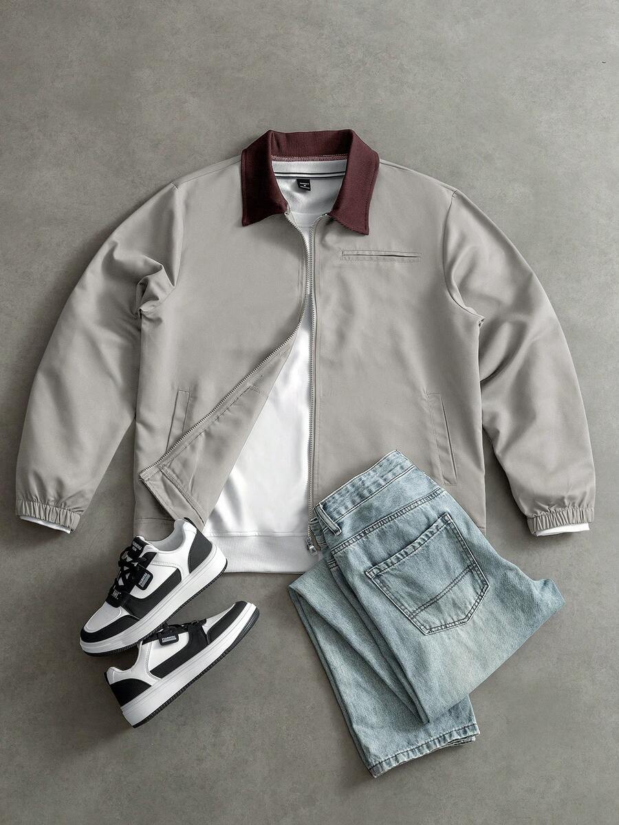 Manfinity Homme Men's Contrast Color Collar Zip Front Casual Jacket - Khaki - View 1