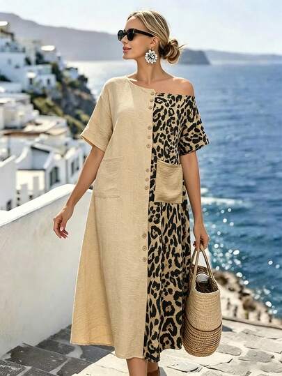 Weeklong Vestido de manga corta con bolsillos duales, botones, cuello irregular, estampado de leopardo, holgado, vintage, de algodón y lino, cómodo, para meditación, de talla grande y hombros descubiertos