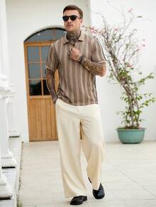 Manfinity CasualCool Áo polo nam cổ chữ V dệt kim sọc dọc, chất liệu jacquard, thích hợp mặc hàng ngày, quà tặng cho chồng/bạn trai. - Màu Khaki - Xem 5