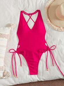 SHEIN Swim 2025 纯色露背吊带连体泳衣，适合度假和海滩夏季 - 紅色 - 查看 3