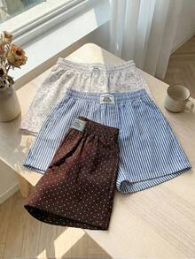 SHEIN EZwear Bộ 3 chiếc quần short nữ thoải mái, phong cách cổ điển thanh lịch, đa năng, màu xanh dương ấm áp, sọc trắng và chấm bi nâu, thích hợp mặc đi biển/nghỉ mát, mùa hè, chất liệu vải dệt. - Nhiều màu - Xem 3