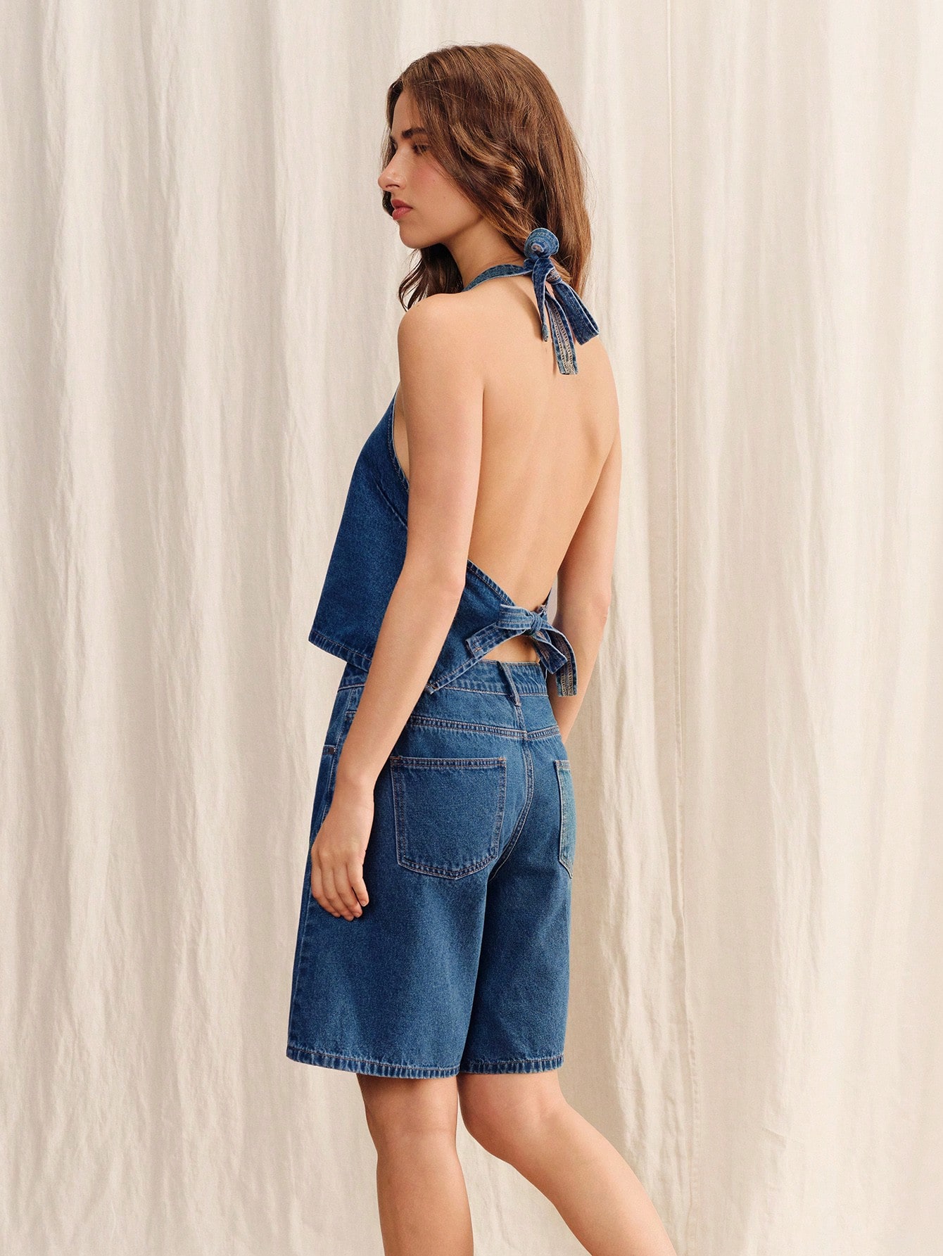 High-Waisted Pleated Denim Shorts Vintage Wash Spring Summer French Style Blue Cotton Shorts Chic Shorts Holiday Outfit Casual Outfit