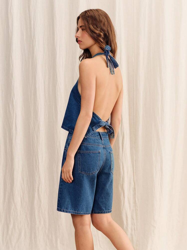 High-Waisted Pleated Denim Shorts Vintage Wash Spring Summer French Style Blue Cotton Shorts Chic Shorts Holiday Outfit Casual Outfit