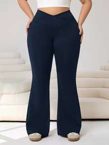 Solflare Pantalones acampanados de talla grande con cintura elástica en V de unicolor - Azul Marino - Ver 3