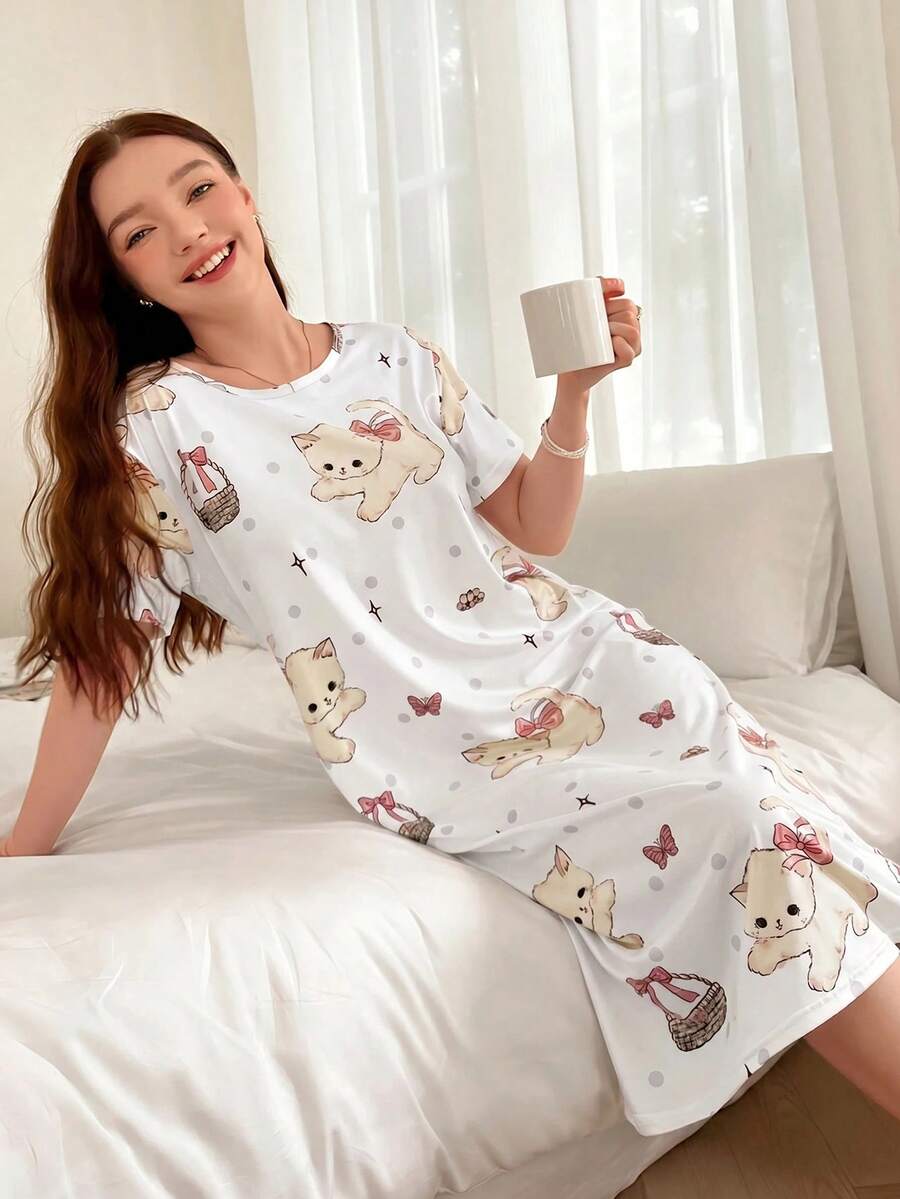 SHEIN 140g Milk Silk Digital Print Women's Nightgown - Multicolor - View 1