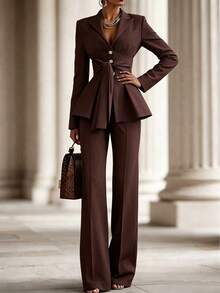 SHEIN Women's Solid Color Long Sleeve Knotted Waist Ruffle Hem Jacket And Pants Suit Set - Coffee Brown - View 5