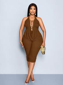 SOLERSUN Women's Plus-Size Chocolate Brown 2 Pcs Halter Top And Six-Inch Pants,Summer Night Out Club Vacation Holiday Beach Knitted Scoop-Neck Clothing - Brown - View 5