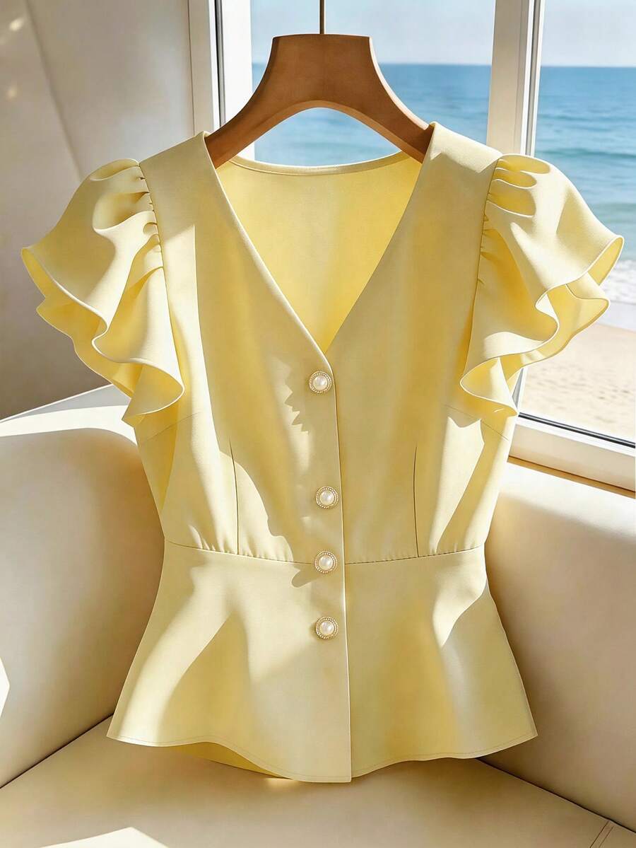 SHEIN Franclia 女士优雅V领短袖梭织衬衫,时尚夏季衬衫,适合海滩、度假、休闲穿着、乡村风格 - 黃色 - 查看 1