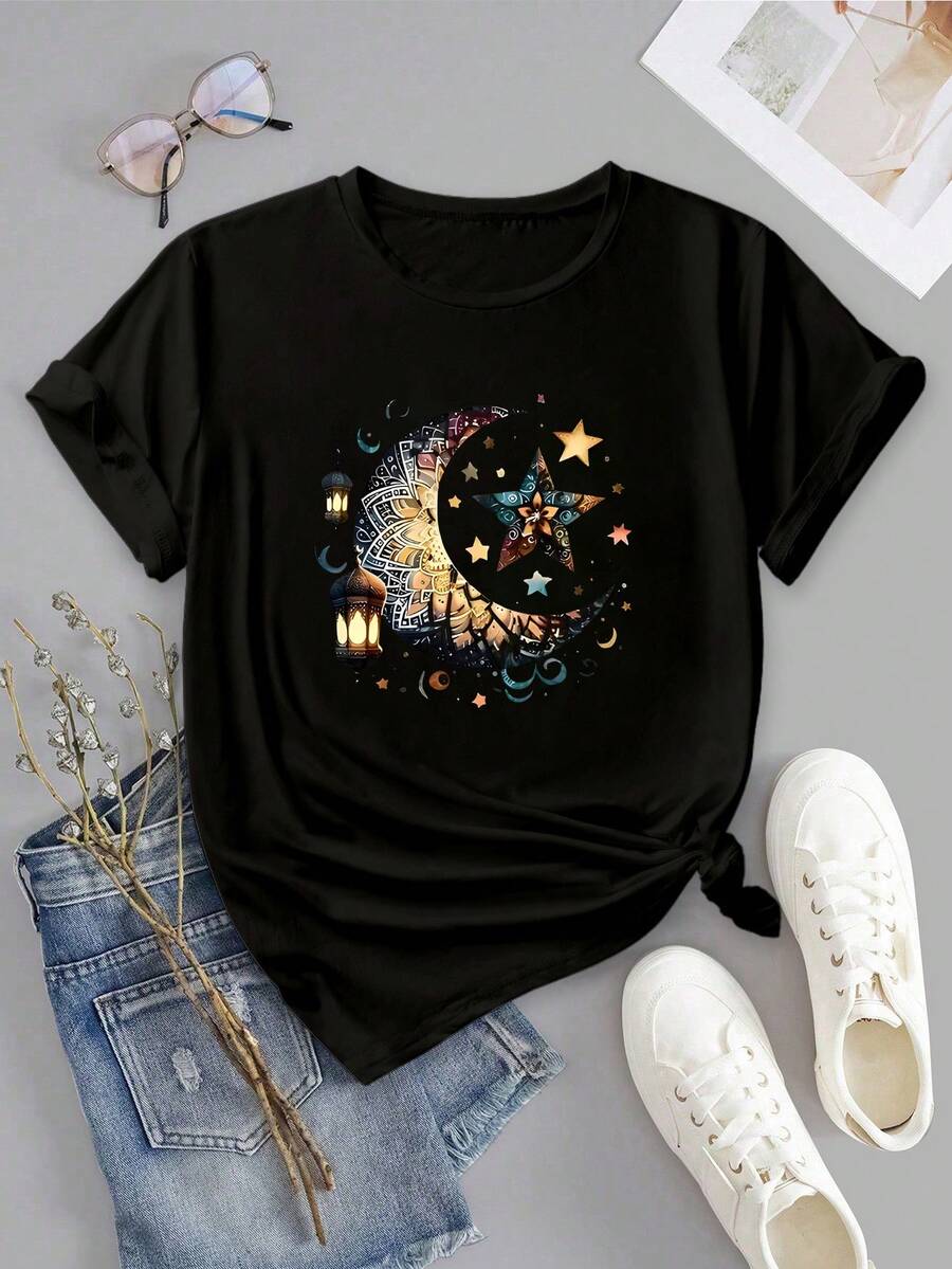 SHEIN LUNE 女士天空、月亮和星星印花休闲圆领短袖T恤,适合春、夏、秋季穿着。 - 黑色 - 查看 1