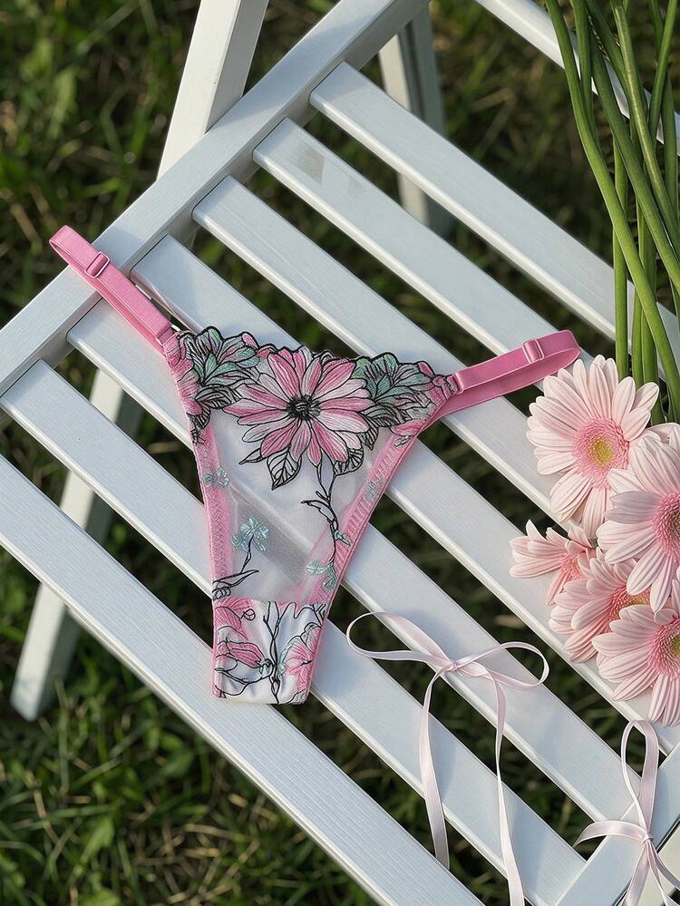 2pcs Colorful Floral Lace Semi-Sheer Sexy Lingerie Set For Women