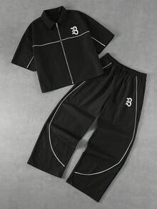 Major Grit 男士休闲字母印花拉链短袖衬衫短裤套装，夏季 - 黑色 - 查看 9