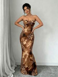 Vestido ajustado con estampado de leopardo, sin mangas, con espalda retorcida, hueco y cordones - Multicolor 2 - Ver 7