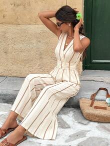 SHEIN Frenchy Bộ áo liền quần nữ cổ chữ V kẻ sọc kiểu dáng thường ngày - Màu be - Xem 6