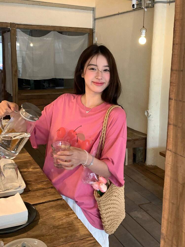 Women's Round Neck Korean Style Printed Short Sleeve T-Shirt, Spring/Summer