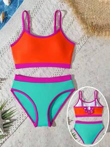 SHEIN Tween Girl Swimwear Set,Cute Orange,Green,Fuchsia Color Block Backless Hollow Design,Summer Holiday Beach Swimming Pool Party Casual Sports Style - Multicolor - View 1