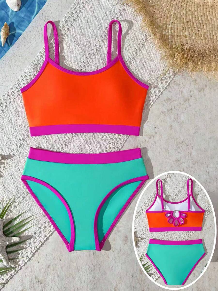 SHEIN Tween Girl Swimwear Set,Cute Orange,Green,Fuchsia Color Block Backless Hollow Design,Summer Holiday Beach Swimming Pool Party Casual Sports Style - Multicolor - View 1