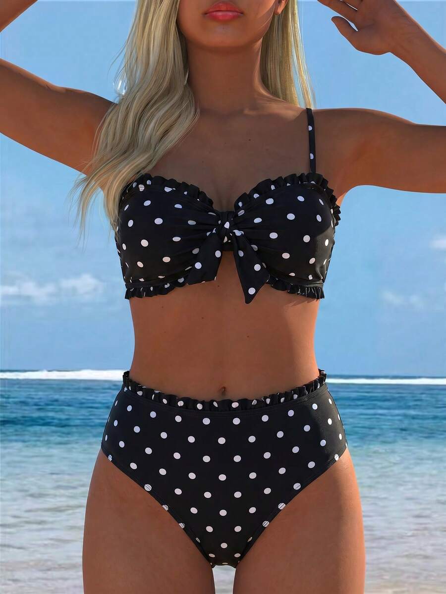 Swim Lushoire Ensemble de bikini à la mode et sexy pour femmes avec imprimé à pois, style influenceur vacances, printemps/été - Noir - Voir 1