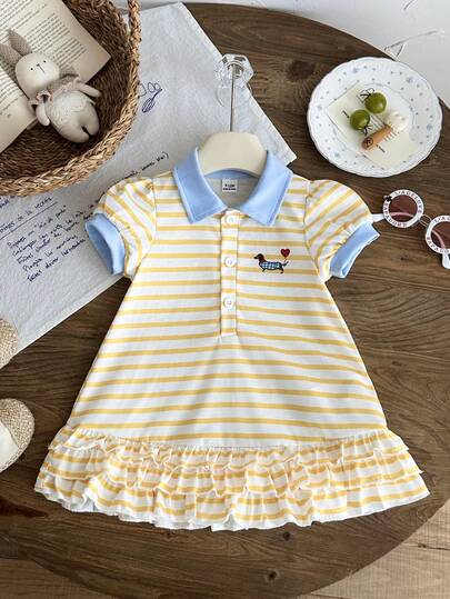 SHEIN Baby Girl 1pc 0-3years Summer And Autumn Cute ,Casual,And Simple Style Going Outfits Contrasting Colors. Collar Accompanied By Ribbed Knit Fabric. Dog-Printing Decoration Dress,Perfect For Outings And Vacations.