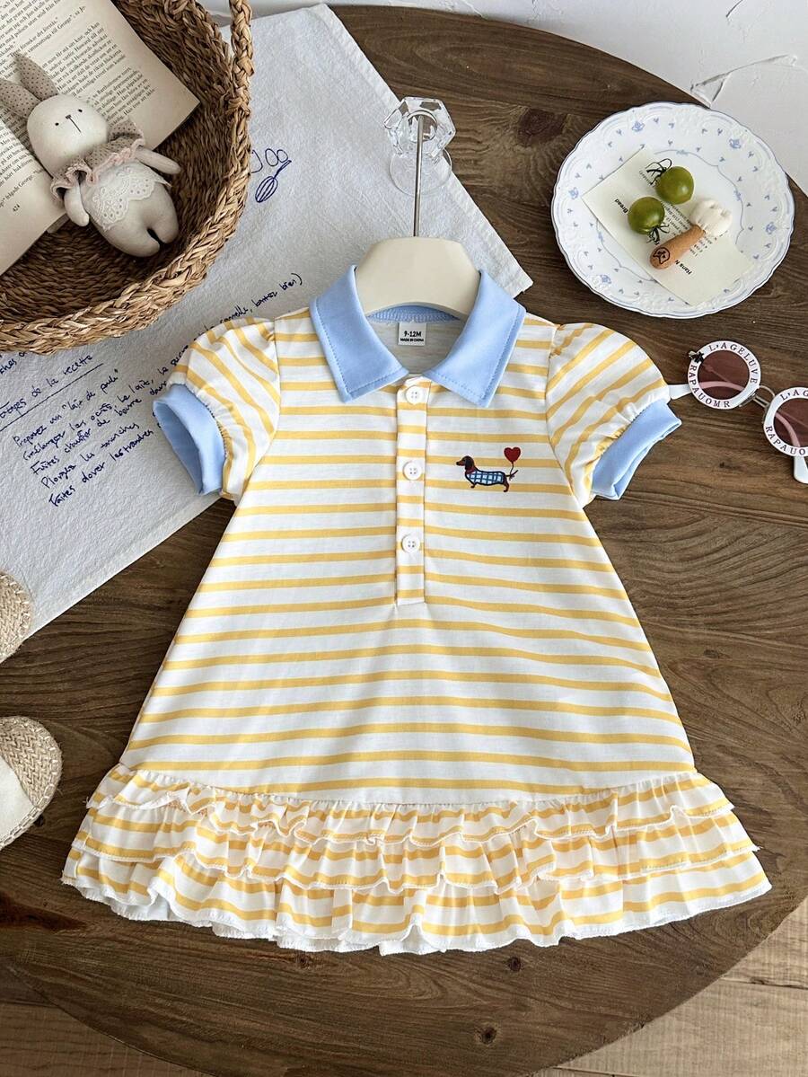 SHEIN 1 Peça Vestido de Menina Bebê de 0-3 Anos de Estilo Casual e Simples para Verão e Outono, com Cores Contrastantes. Colarinho Acompanhado de Tecido de Malha Canelada. Decoração com Estampa de Cachorro, Perfeito para Passeios e Férias. - Amarelo - Visão 1
