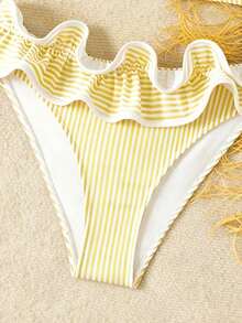 Swim Vcay 2026 New Women's Summer Beach Vacation Basic Blue Striped Fabric Ruched Halter Backless Sexy Pleated Triangle Bikini Swimwear Set - Yellow - View 5