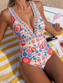 Swim Lushoire Áo tắm liền thân cổ chữ V khoét sâu họa tiết retro mới về, kiểu dáng trưởng thành, mùa xuân/hè. - Nhiều màu - Xem 1