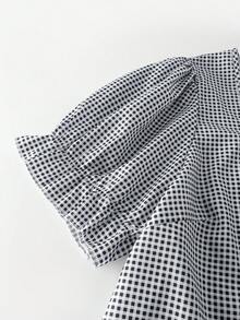 SHEIN LUNE Plus Size Women Plaid Square Collar Short Puff Sleeve Casual Shirt - Black and White - View 4