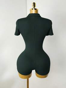 Mistrie Women's Solid Color Button Half-Placket Casual Fitted Romper - Olive Green - View 2
