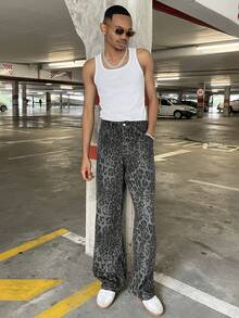 Ngobest Haus Ngobest Haus Quần Jeans Denim Nam Họa Tiết Da Báo, Quần Ống Thẳng Rộng Phong Cách Đường Phố Cổ Điển - Xám - Xem 4
