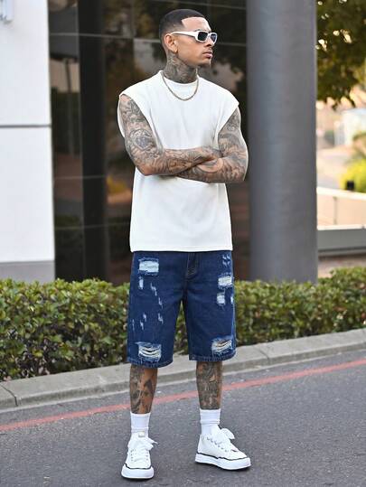 Devon Thys 男士休闲破洞直筒蓝色牛仔短裤，春夏街头时尚
