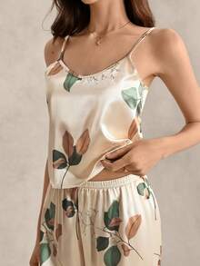 EverLounge Floral Print Satin Cami Top & Pants PJ Set / Pajama Set - Apricot - View 6